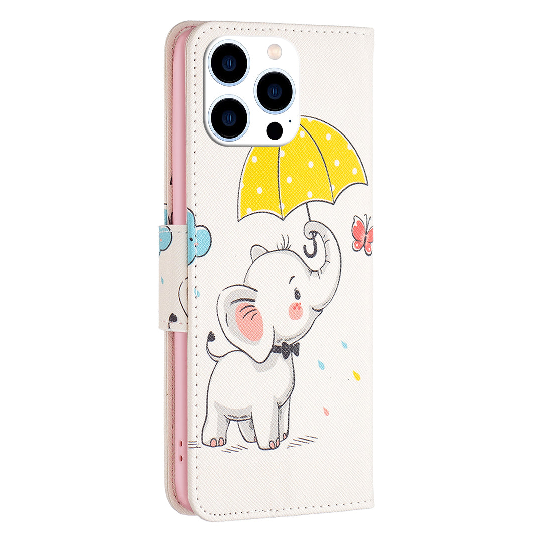 PU Leather Stand Wallet Case for iPhone 15 Pro , Pattern Printing Full Protection Phone Cover - Umbrella and Elephant PU Leather Stand Wallet Case for iPhone 15 Pro , Pattern Printing Full Protection Phone Cover - Umbrella and Elephant
